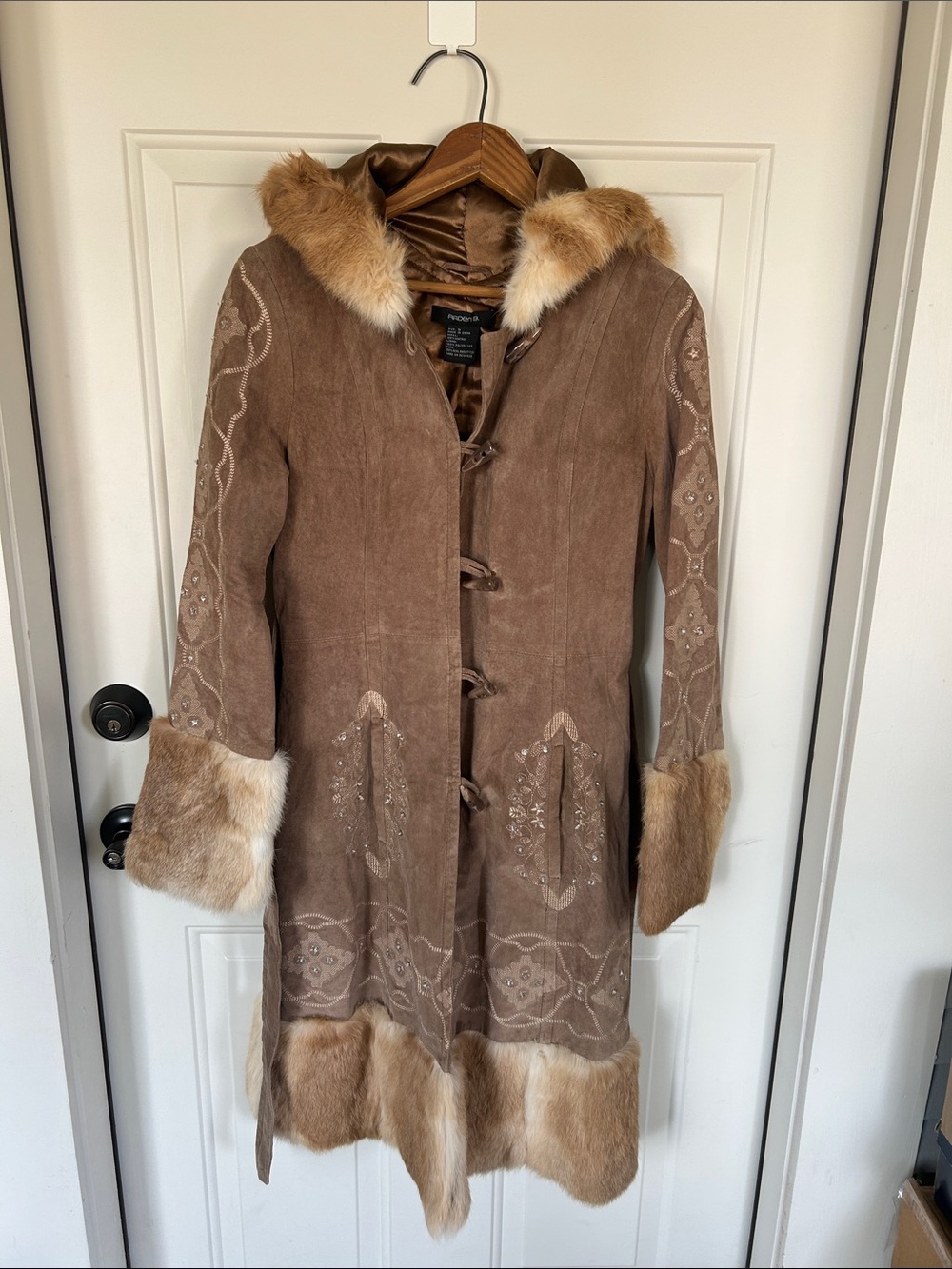 Brown Leather Suede Rabbit Fur Trim Coat